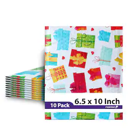 Fosmon - 6.5 x 10 - 10 Pack #0 Gift Wrap Birthday Holiday Poly Bubble Mailer, Padded Shipping Envelopes, 6.5 x 9" Usable Size - Multi