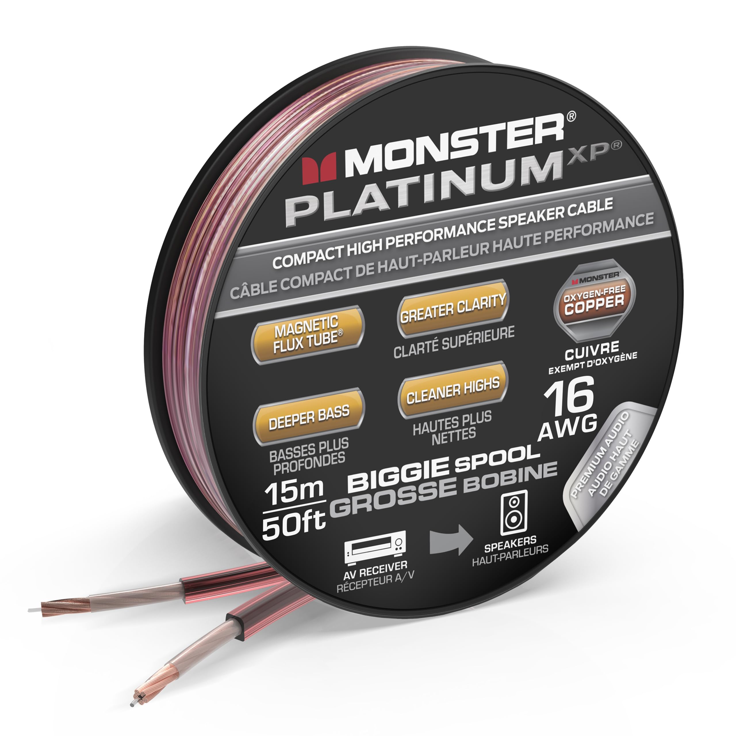 MONSTER PLATINUM XP  
COMPACT HIGH PERFORMANCE SPEAKER CABLE  
CÂBLE COMPACT DE HAUT-PARLEUR HAUTE PERFORMANCE  

- MAGNETIC FLUX TUBE®  
- GREATER CLARITY  
- DEEPER BASS  
- CLEANER HIGHS  

16 AWG  
OXYGEN-FREE COPPER  
CUVRE EXEMPT D'OXYGÈNE  

15m / 50ft  
BIGGIE SPOOL / GROSSE BOBINE  

SPEAKERS / HAUT-PARLEURS  
AV RECEIVER / RÉCEPTEUR A/V