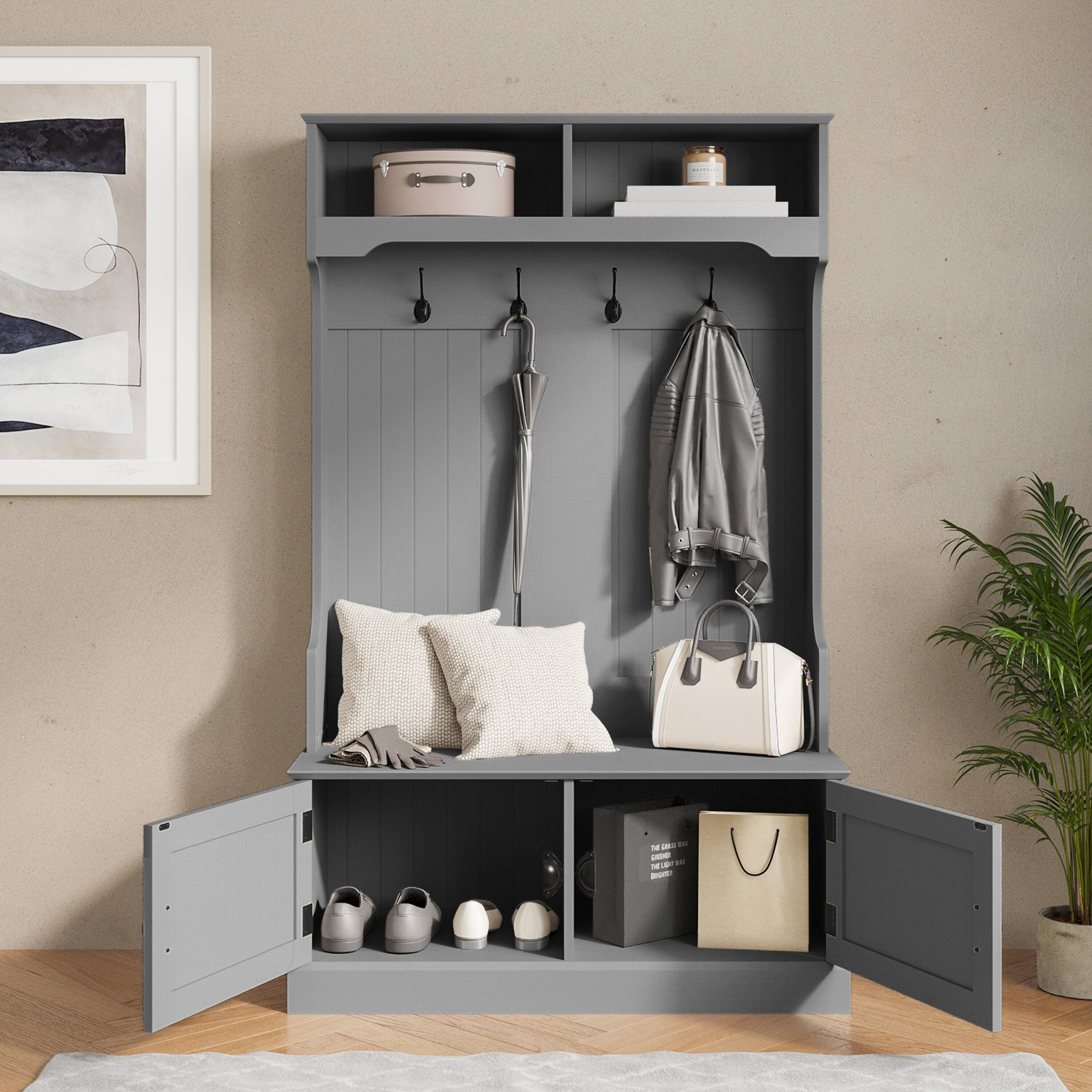 Alt View 2. Flash Furniture - Fraser 40" Wide Hall Tree with Double Door Storage Bench, Coat Rack with 4 Black Double Hooks, and 2 Upper Storage Cubbi - Gray.