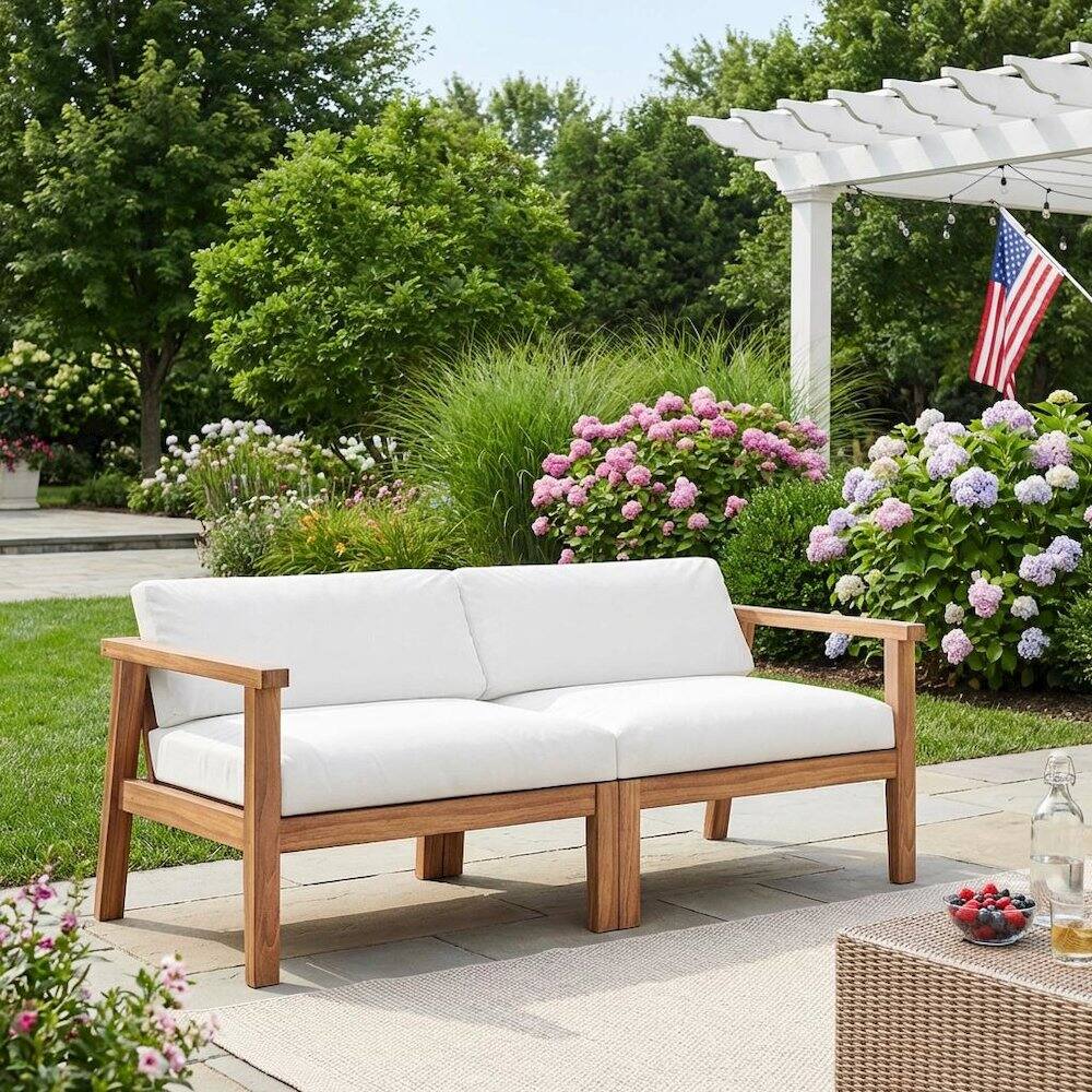 Left. Outdoor Escape - Outdoor Patio Teak Wood 2-Seater Loveseat With Armrest And Backrest - White.