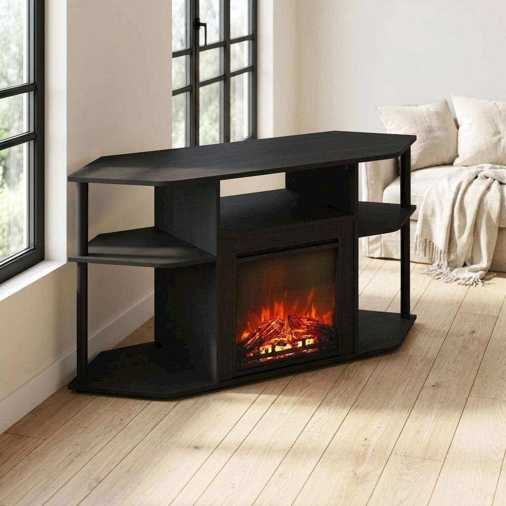 Alt View 2. FurniFact - Decorative Brown Electric Fireplace Corner TV Stand with Solid Wood Frame - Brown.