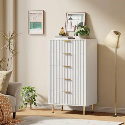 Front. GARVEE - 5-Drawer White Chest of Drawers, Modern & Spacious Storage for Bedroom/Office, Contemporary Organizer - White.