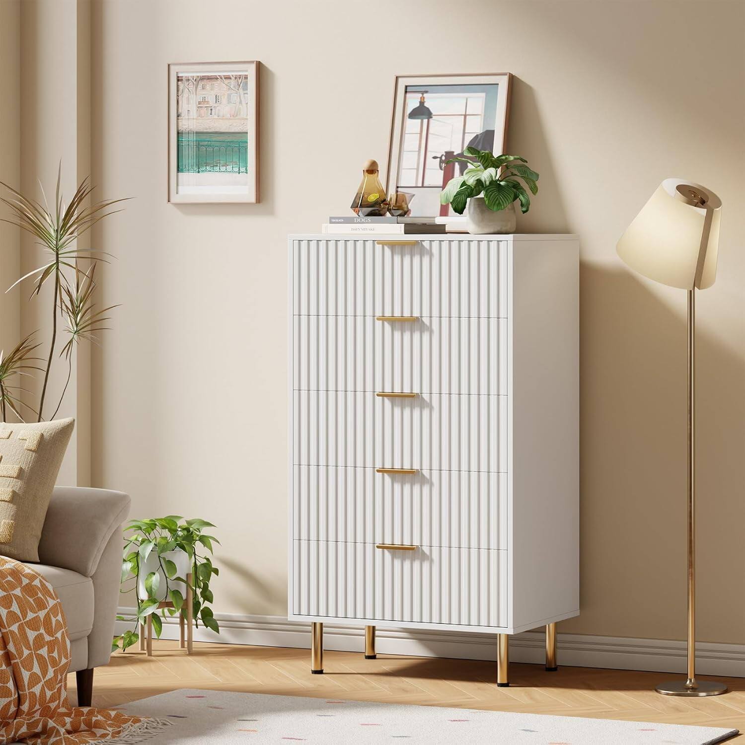 Front. GARVEE - 5-Drawer White Chest of Drawers, Modern & Spacious Storage for Bedroom/Office, Contemporary Organizer - White.