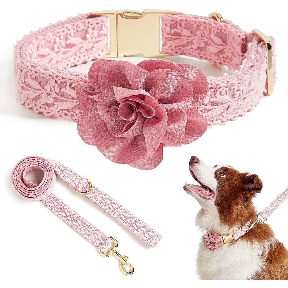 Front. MOSZAR LLC - Pink Lace Dog Collar & Leash Set – Detachable Flower Bow, Gold Hardware (S) - Pink Collar.
