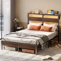 Bestier - Queen Platform Bed Frame with Storage Headboard, LED Lighting, and USB Charging Station. - Brown - Front_Zoom