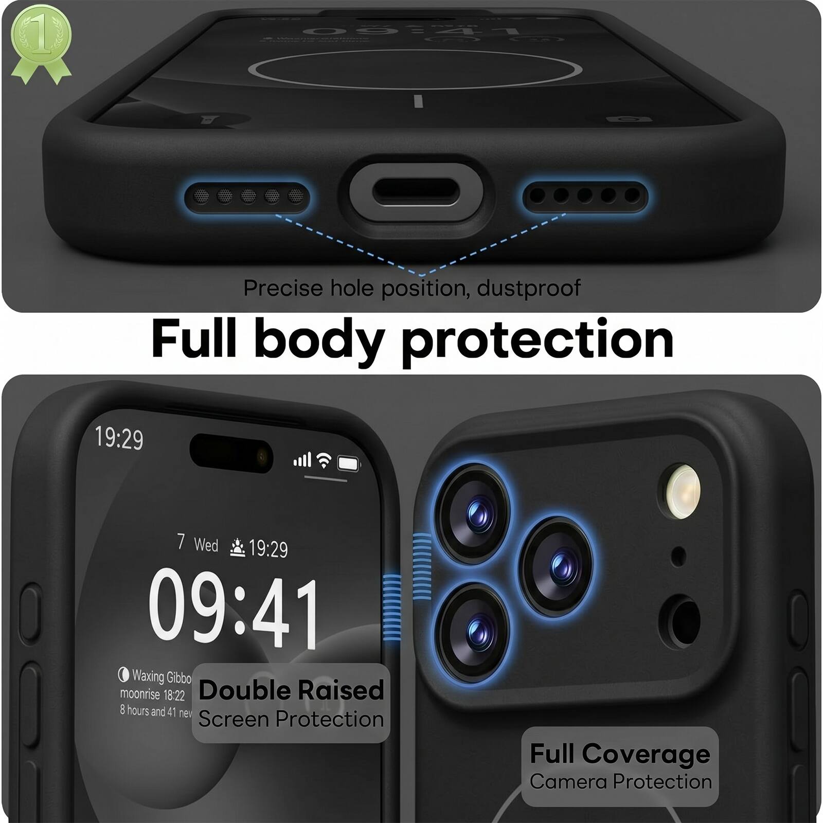 09:41  
Precise hole position, dustproof  
Full body protection  

19:29  
7 Wed 19:29 09:41  
Waxing Gibbo moonrise 18:22  
Double Raised B hours and 41 new Screen Protection  
Full Coverage Camera Protection
