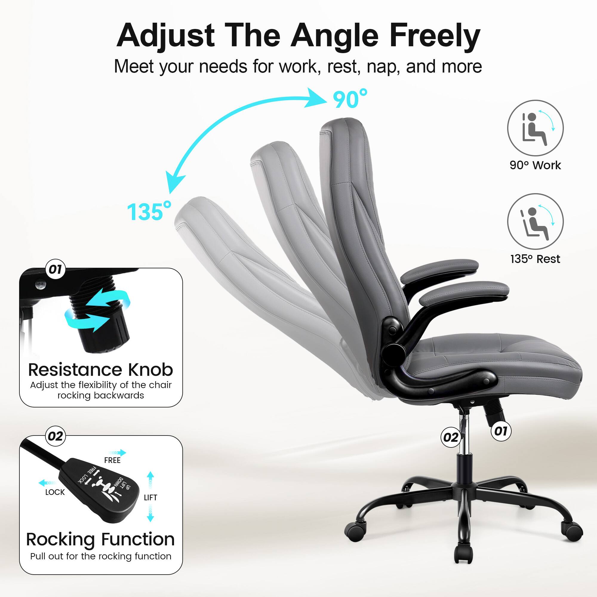 Adjust The Angle Freely  
Meet your needs for work, rest, nap, and more  

90° Work  
135° Rest  

Resistance Knob  
Adjust the flexibility of the chair rocking backwards  

Rocking Function  
Pull out for the rocking function  

LOCK  
FREE  
LIFT