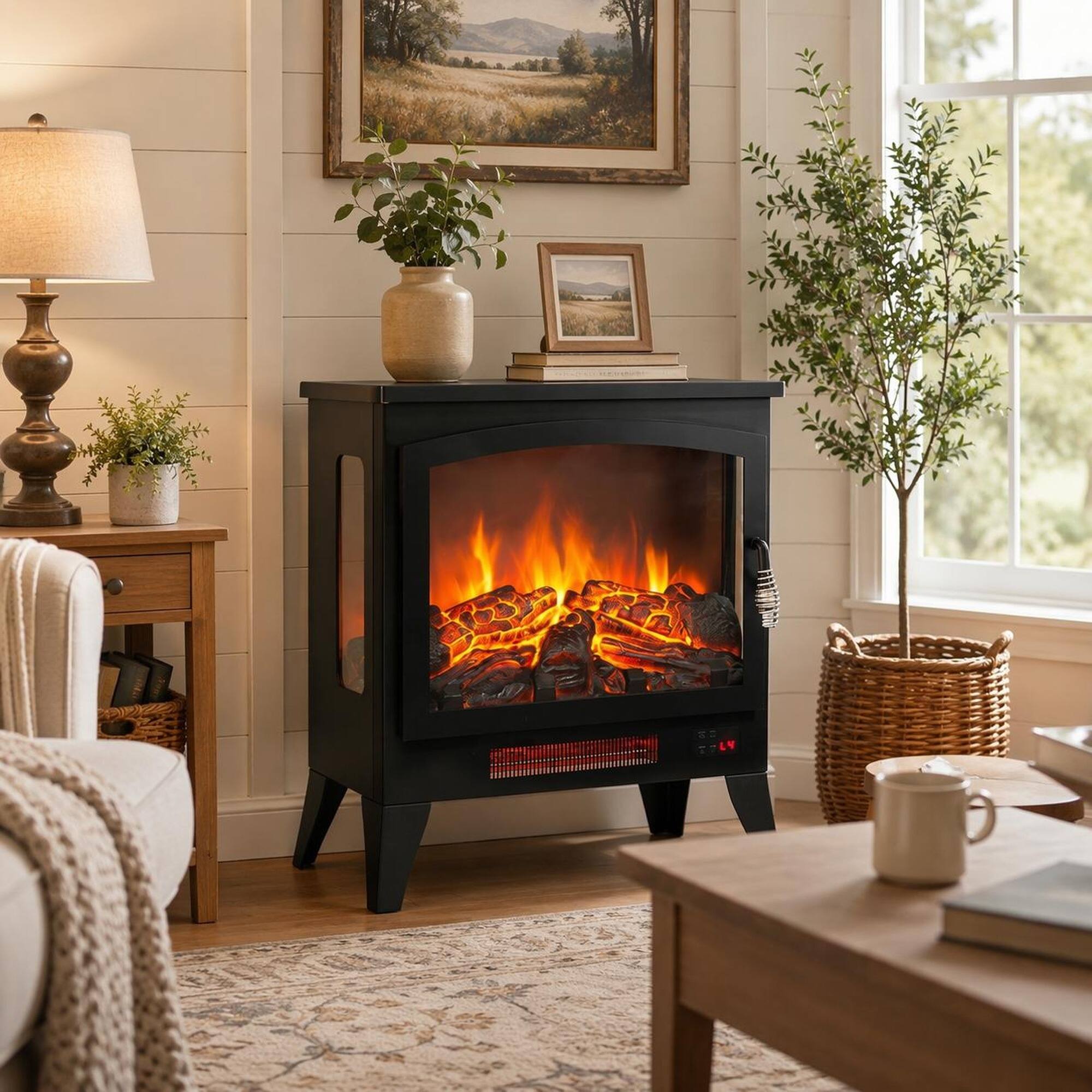 Angle. RYHNUYNE - 21" Three-Sided Freestanding Electric Fireplace Stove with 3D Flame Effect & Remote Control for Living Room - Antique Black.