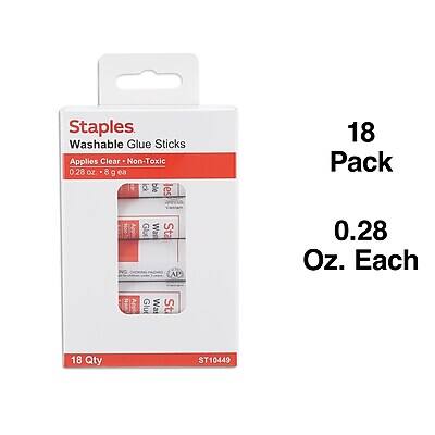 Staples Washable Glue Sticks  
Applies Clear - Non-Toxic  
0.28 oz. - 8 g each  
18 Pack  
0.28 Oz. Each  
18 Qty  
ST10449