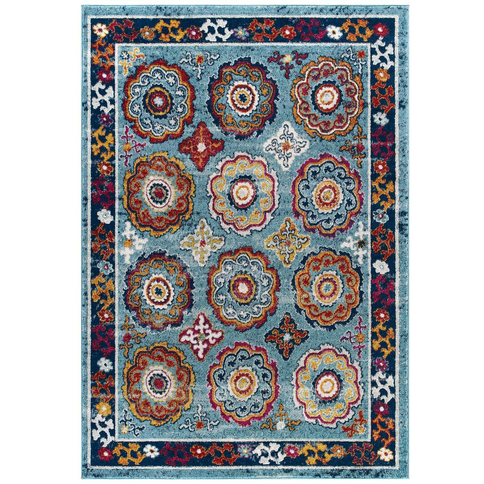 Angle. Modway - Entourage Odile Distressed Floral Moroccan Trellis Area Rug - Blue Red Orange Yellow.
