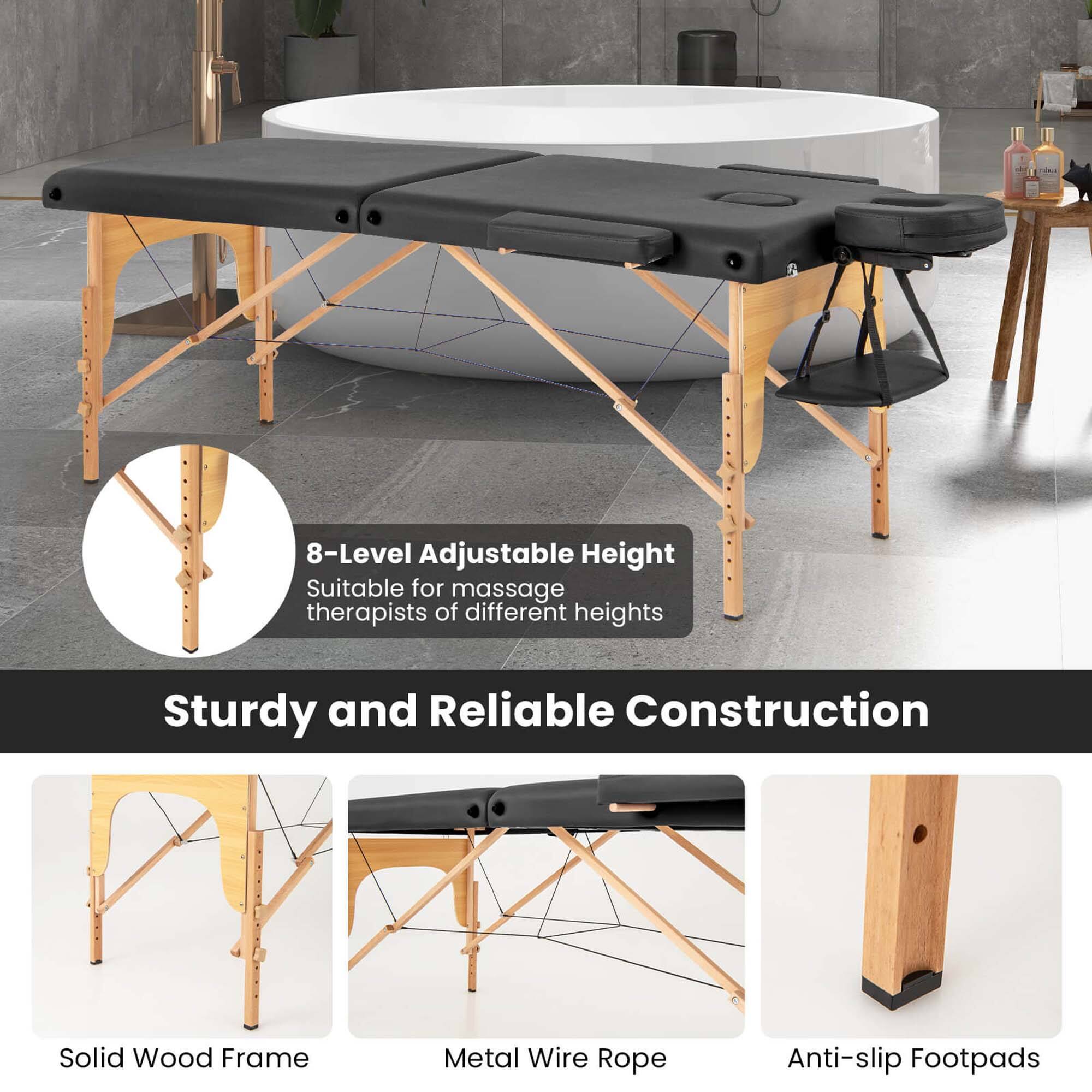 8-Level Adjustable Height  
Suitable for massage therapists of different heights  

Sturdy and Reliable Construction  
Solid Wood Frame  
Metal Wire Rope  
Anti-slip Footpads