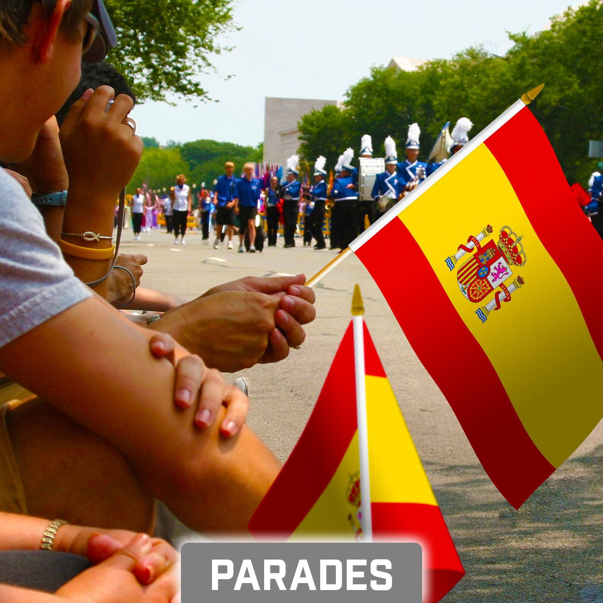 Alt View 1. G128 - 50-Pack Handheld Spain Flags 8" x 12" — 150D Polyester with Wooden Stick and Spear Tip. - Assorted Colors.