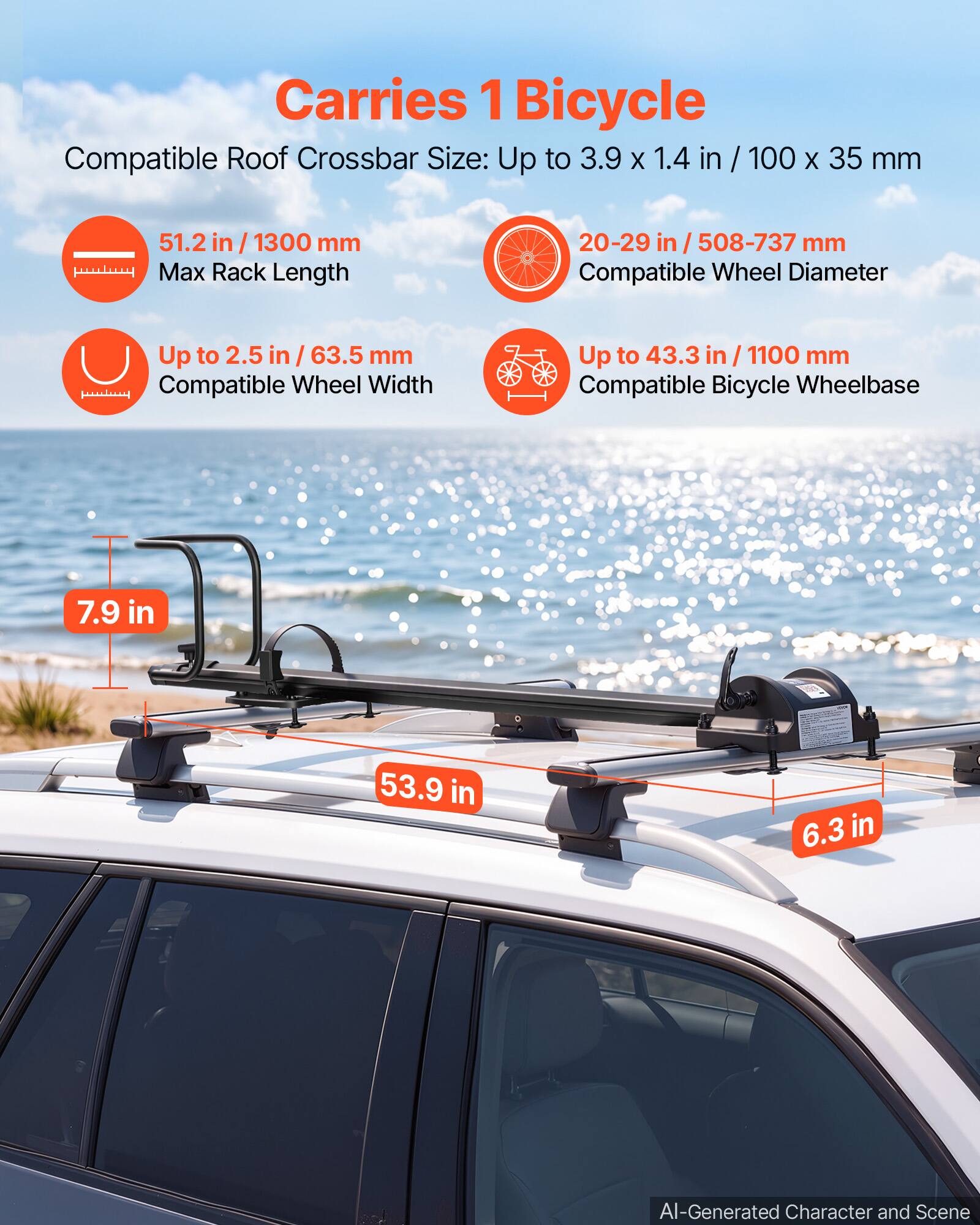 Carries 1 Bicycle  
Compatible Roof Crossbar Size: Up to 3.9 x 1.4 in / 100 x 35 mm  
51.2 in / 1300 mm Max Rack Length  
20-29 in / 508-737 mm Compatible Wheel Diameter  
Up to 2.5 in / 63.5 mm Compatible Wheel Width  
Up to 43.3 in / 1100 mm Compatible Bicycle Wheelbase  
7.9 in  
53.9 in  
6.3 in