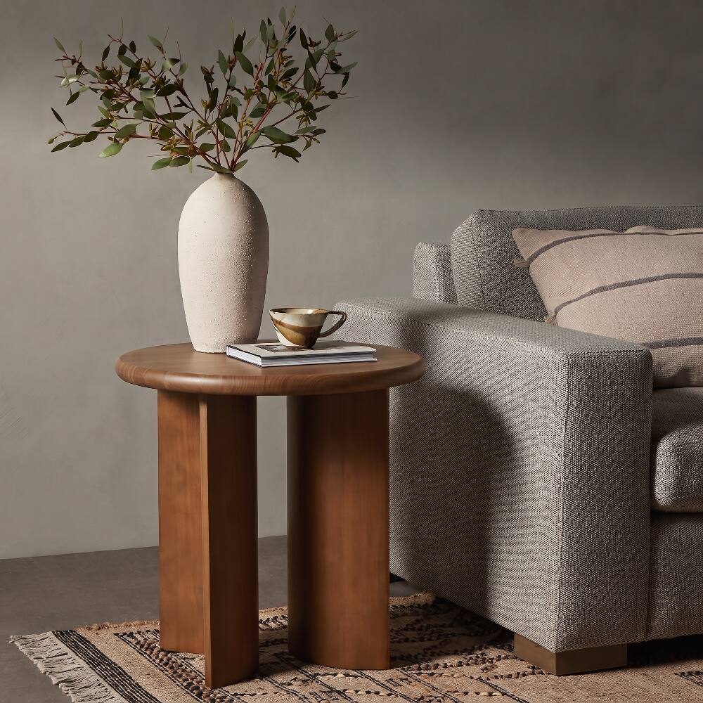 Loheer Finish Pine Wood Round Side Table with Fan Shaped Legs Mid ...