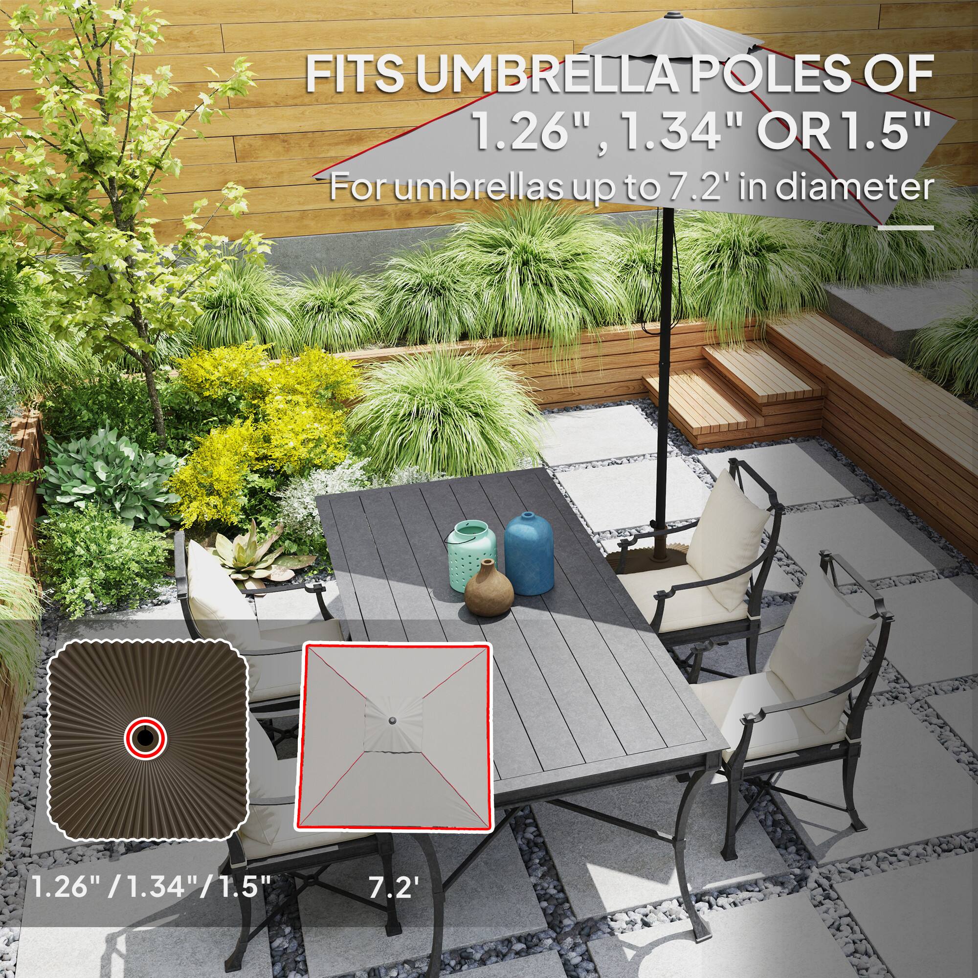 FITS UMBRELLA POLES OF 1.26", 1.34" OR 1.5"  
For umbrellas up to 7.2' in diameter  

1.26" / 1.34" / 1.5"  
7.2'