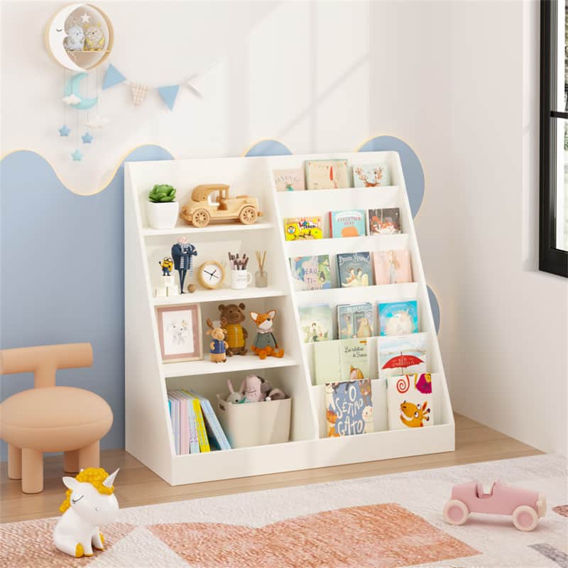 HTUTWOO - Kids Bookshelf and Toy Storage Organizer - Multifunctional 4 Tier Wooden Kids Book Shelf with Bookcase Display Stand - White