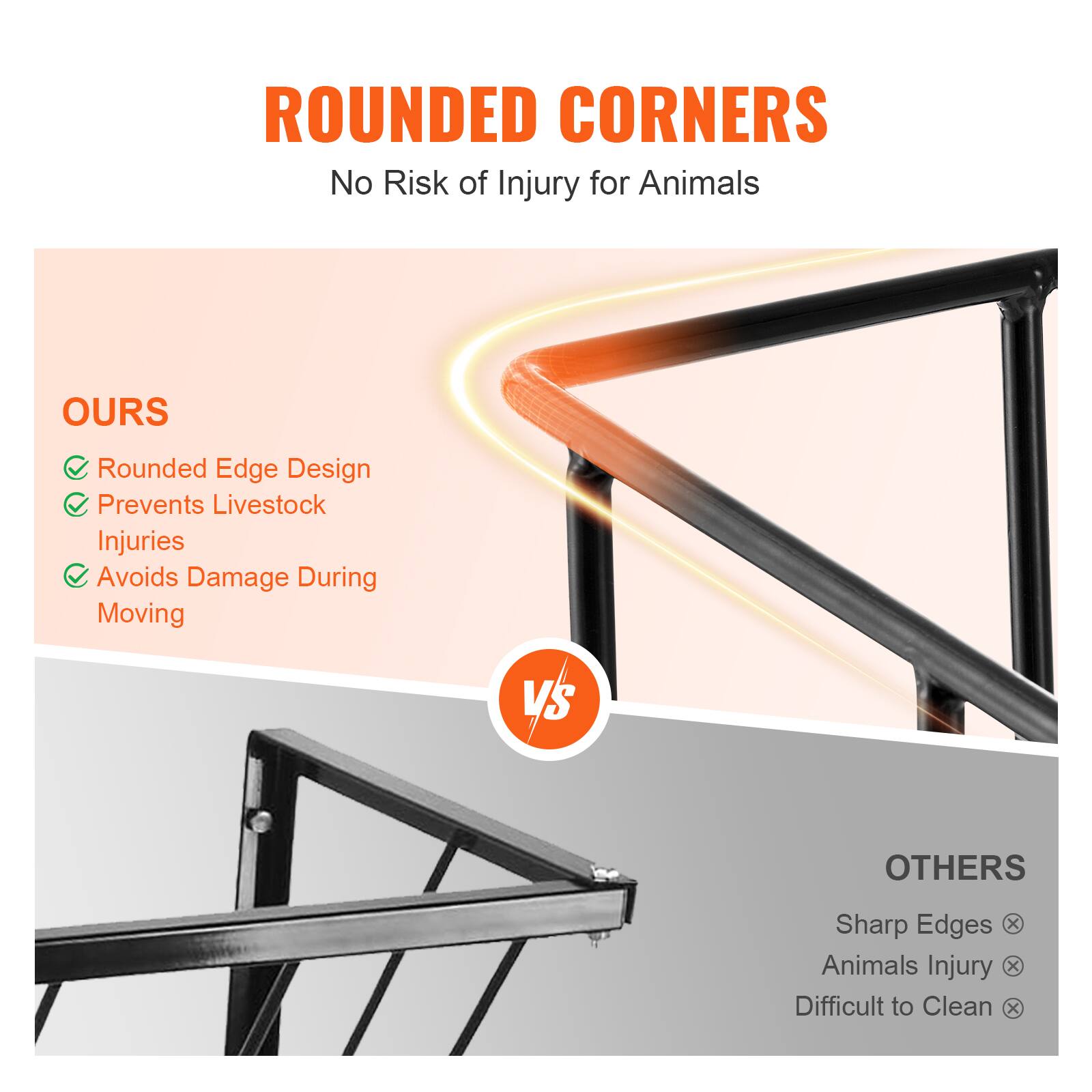 **ROUNDED CORNERS**  
No Risk of Injury for Animals

**OURS**  
- Rounded Edge Design  
- Prevents Livestock Injuries  
- Avoids Damage During Moving  

**VS**  

**OTHERS**  
- Sharp Edges  
- Animals Injury  
- Difficult to Clean