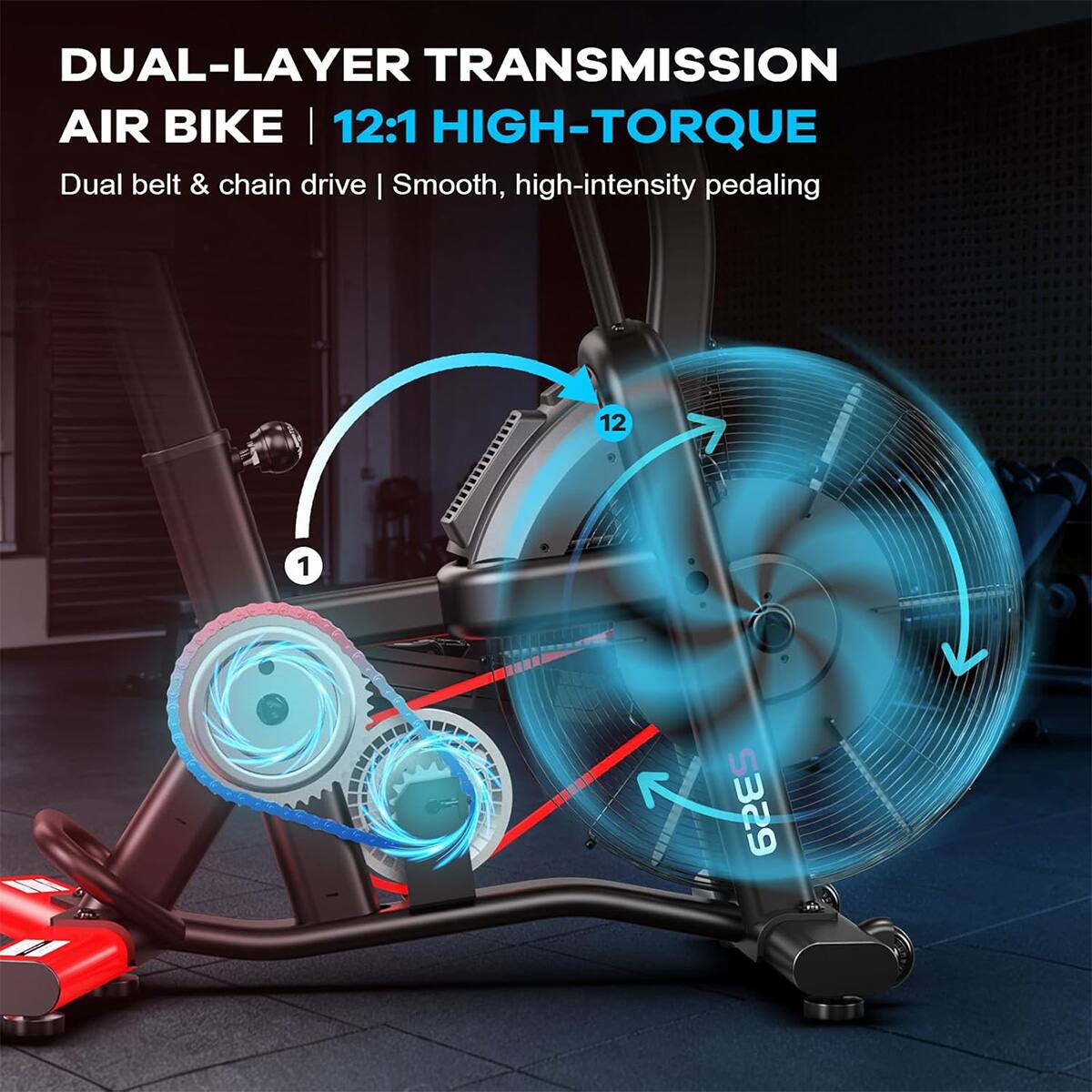 DUAL-LAYER TRANSMISSION AIR BIKE | 12:1 HIGH-TORQUE Dual belt & chain drive | Smooth, high-intensity pedaling