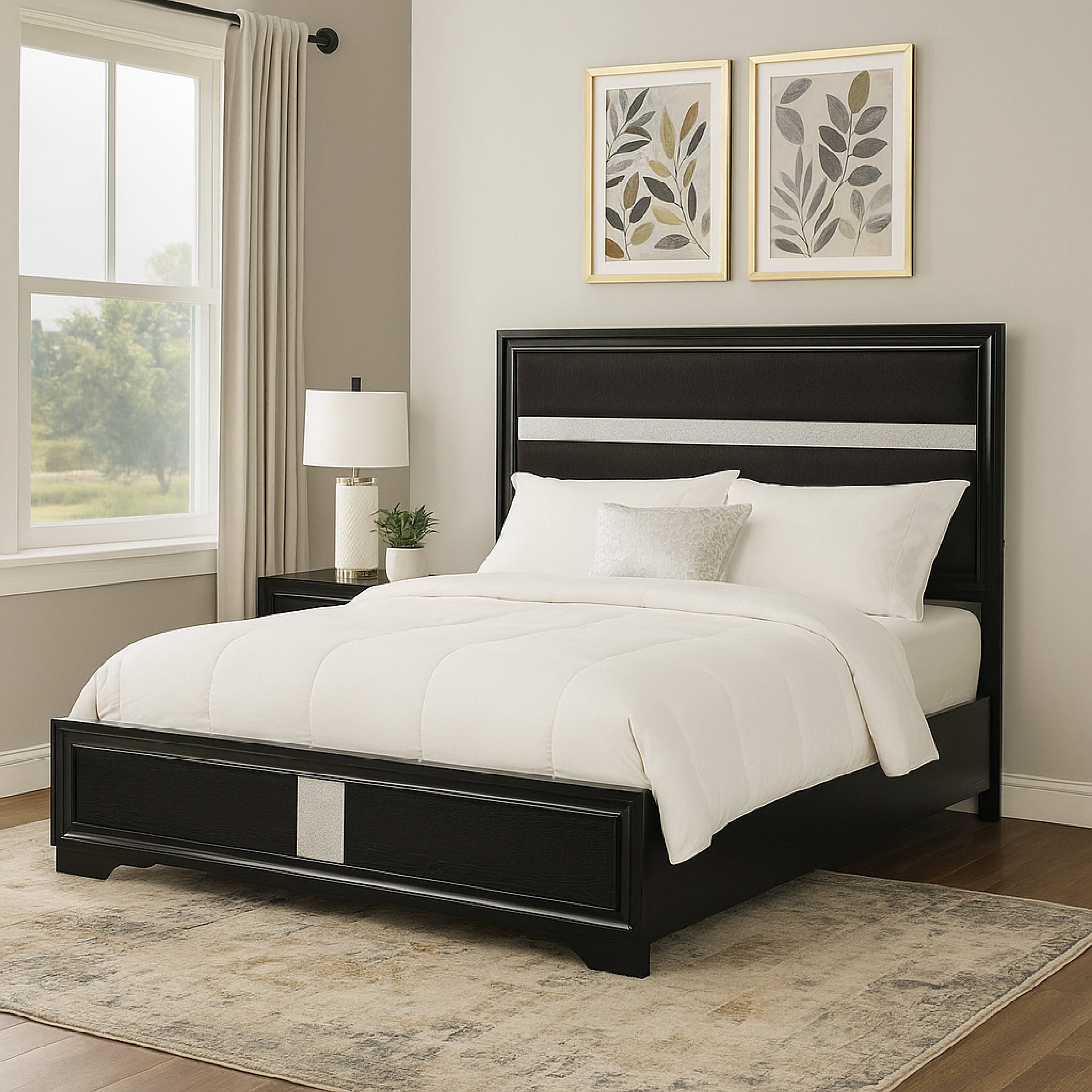 Alt View 5. Manhattan Lane - Vino Queen Size Bed, Panel Headboard, Black Upholstery, Glitter Stripe - Black.