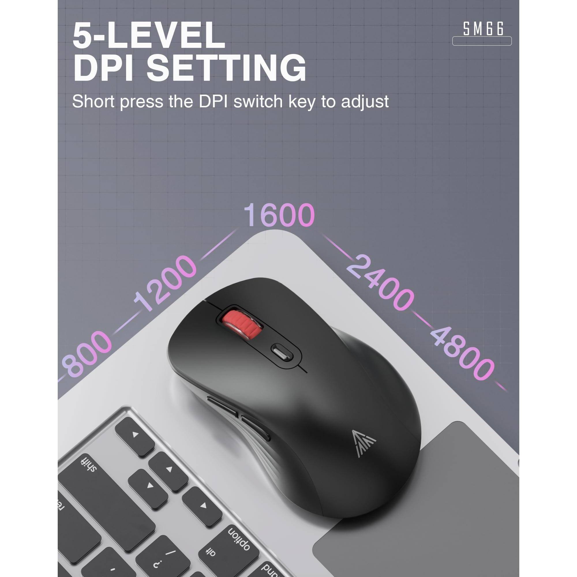 5-LEVEL DPI SETTING  
Short press the DPI switch key to adjust  

SM66  

800 - 1200 - 1600 - 2400 - 4800