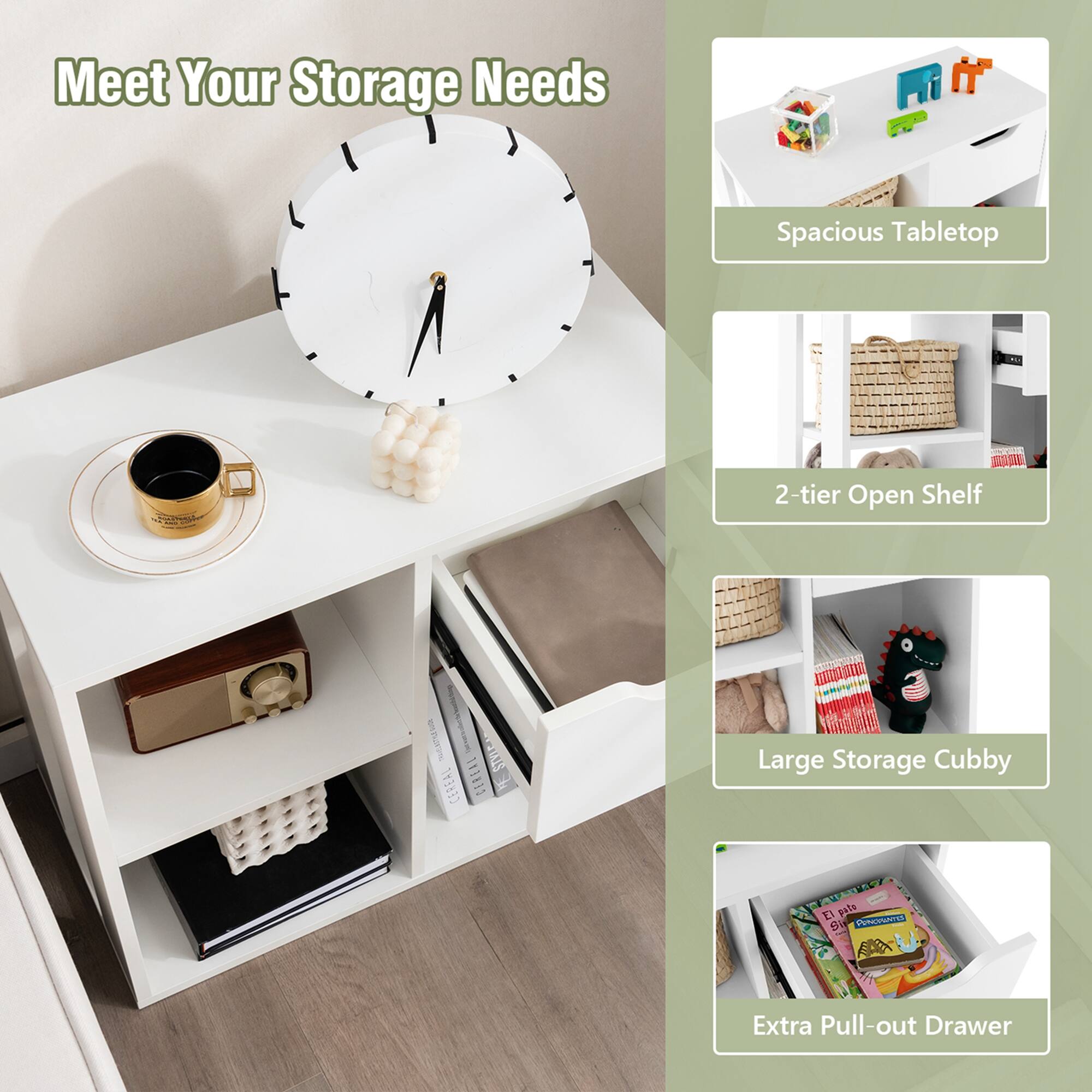 Meet Your Storage Needs:

* Spacious Tabletop
* 2-tier Open Shelf
* Large Storage Cubby
* Extra Pull-out Drawer