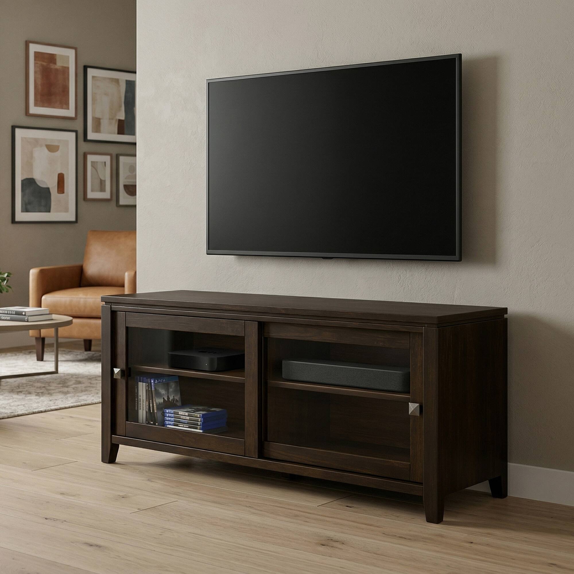 Angle. Simpli Home - Cosmopolitan 48 inch Wide Solid Wood TV Stand in Mahogany Brown For TVs up to 55 inches - Mahogany Brown.