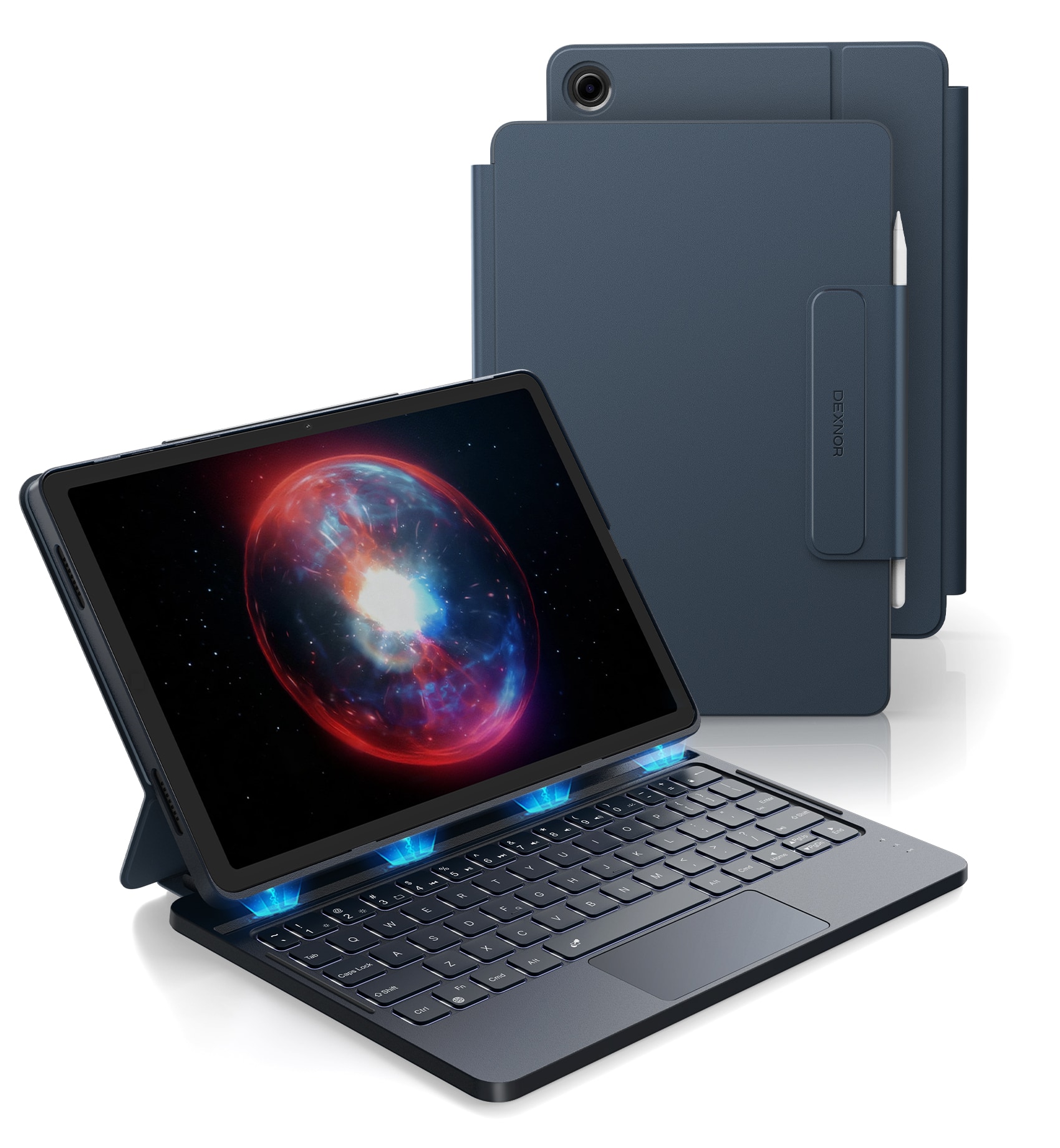 Dexnor - Keyboard Case for Samsung Galaxy Tab A9+ Plus, Magnetic Folio Keyboard, Trackpad Backlit Stylus Holder - Blue