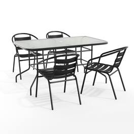 Emma + Oliver - Patio Table & Chairs Set with Rectangular Metal Table with Tempered Glass Top and Stacking Chairs - Black