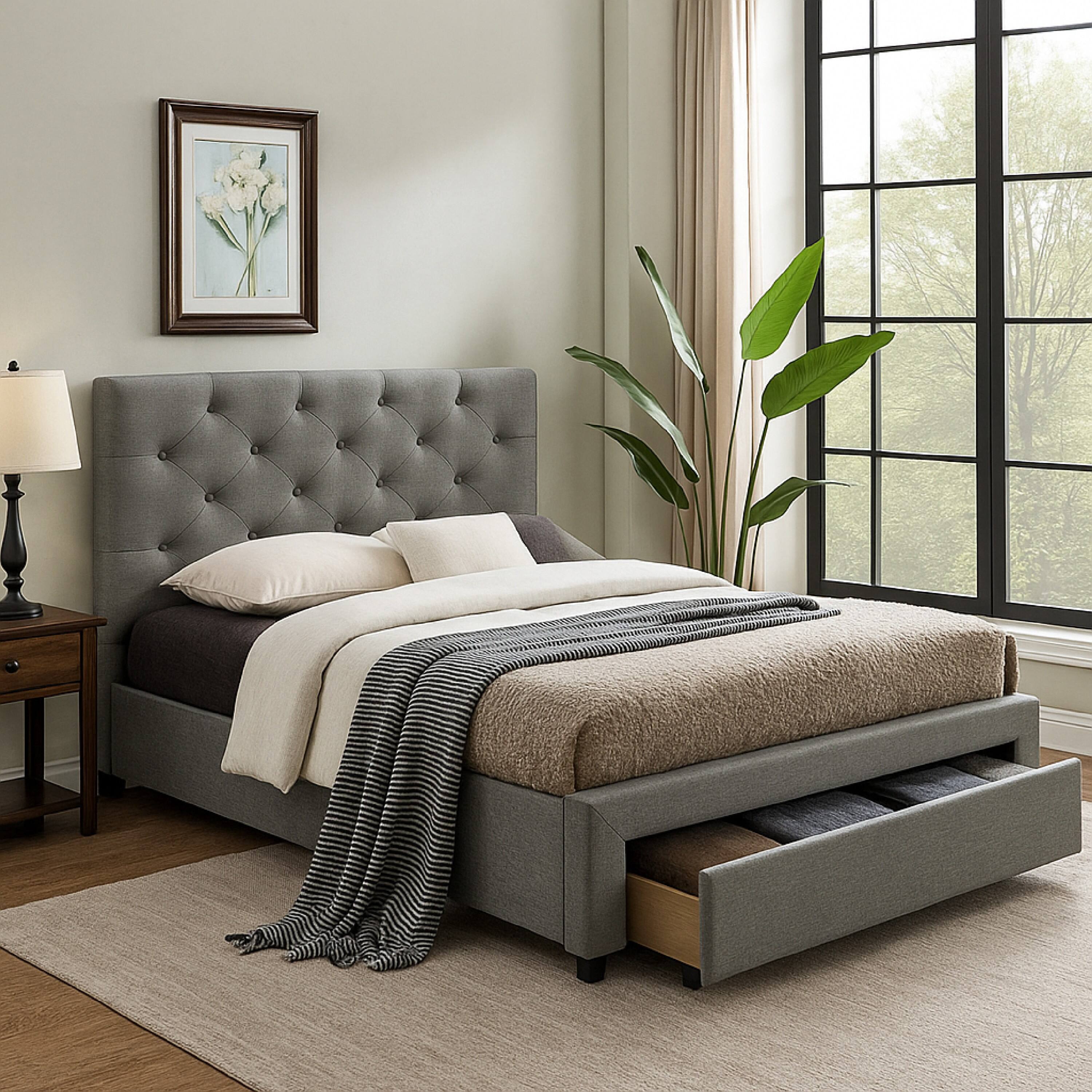 Alt View 5. Manhattan Lane - Sya Twin Size Bed w Button Tufted Upholstery, Underbed Storage - Gray.