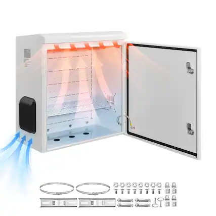 Front. VEVOR - Outdoor Electrical Box, Cold-Rolled Steel, Electrical Junction Box with Thermostat and Fan, Rain Hood, Ventilated Design - White;Black.