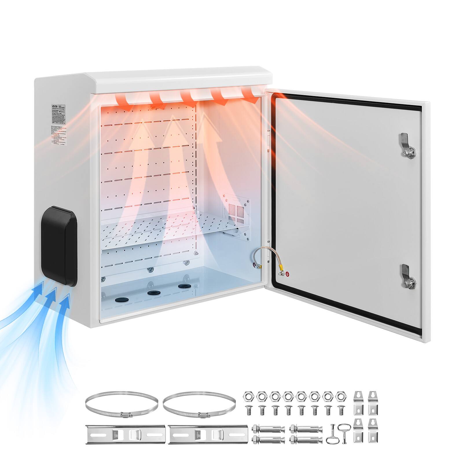 Front. VEVOR - Outdoor Electrical Box, Cold-Rolled Steel, Electrical Junction Box with Thermostat and Fan, Rain Hood, Ventilated Design - White;Black.