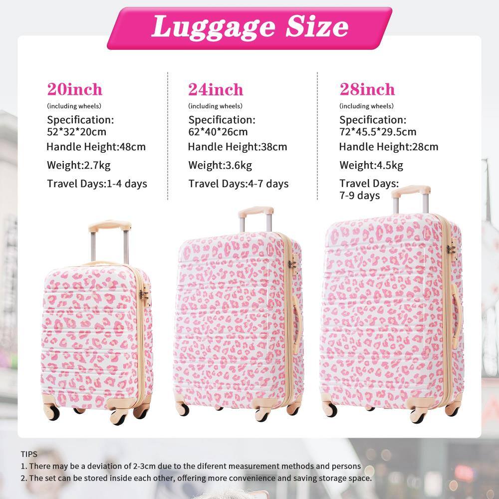 Luggage Size

20inch (including wheels)
- Specification: 52*32*20cm
- Handle Height: 48cm
- Weight: 2.7kg
- Travel Days: 1-4 days

24inch (including wheels)
- Specification: 62*40*26cm
- Handle Height: 38cm
- Weight: 3.6kg
- Travel Days: 4-7 days

28inch (including wheels)
- Specification: 72*45.5*29.5cm
- Handle Height: 28cm
- Weight: 4.5kg
- Travel Days: 7-9 days

TIPS
1. There may be a deviation of 2-3cm due to different measurement methods and persons.
2. The set can be stored inside each other, offering more convenience and saving storage space.