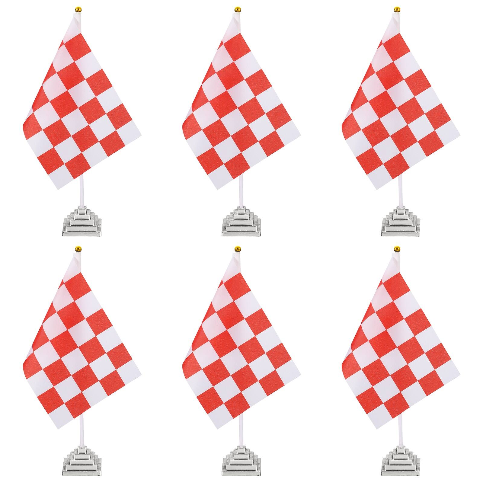 Front. Unique Bargains - 6pcs 12" R/W Checkered Table Flag for Racing/Sport Party, White Plastic Stick & Silver Square Base - Red and White Flag, Silver Base.