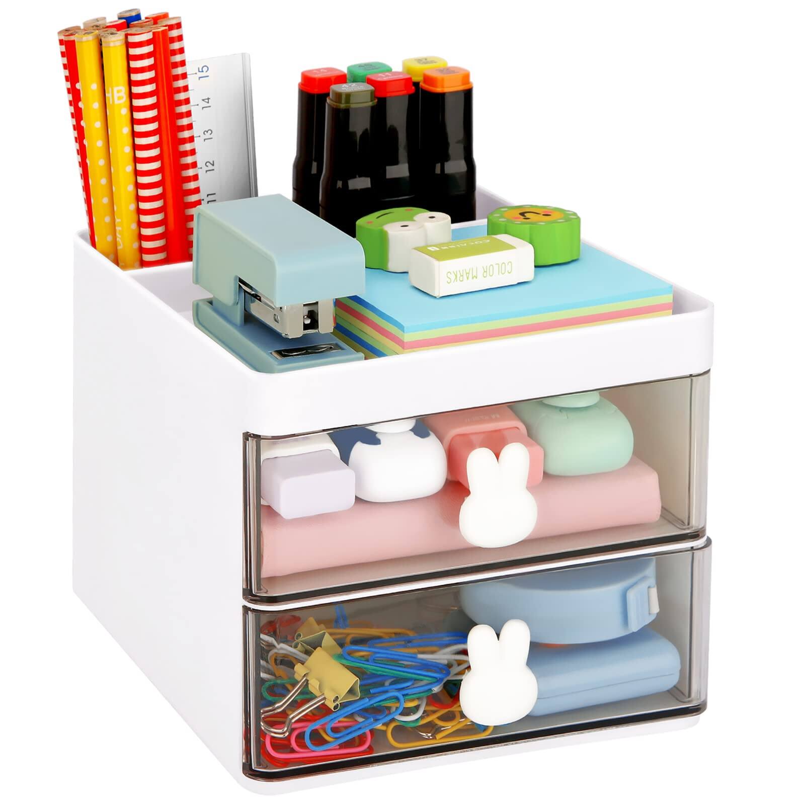 Paradigms Interiors - Desk Organizer With Drawer Office Desktop Storage Box Business Card/pen/pencil/mobile Phone/stationery Hold - White