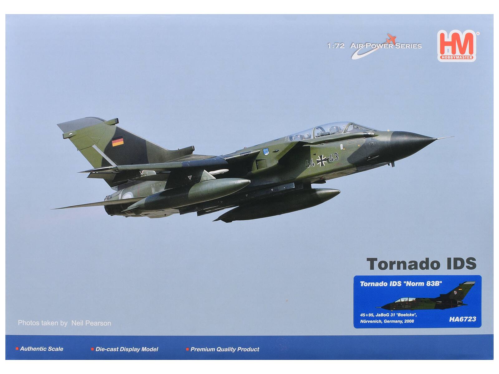 1:72 AIR POWER SERIES  
HM HOBBYMASTER

44 43  
Tornado IDS  
Tornado IDS "Norm 83B"  
Photos taken by Neil Pearson  
45+95, JaBoG 31 "Boelcke", Nürnberg, Germany, 2008  
HA6723  
Authentic Scale  
Die-cast Display Model  
Premium Quality Product