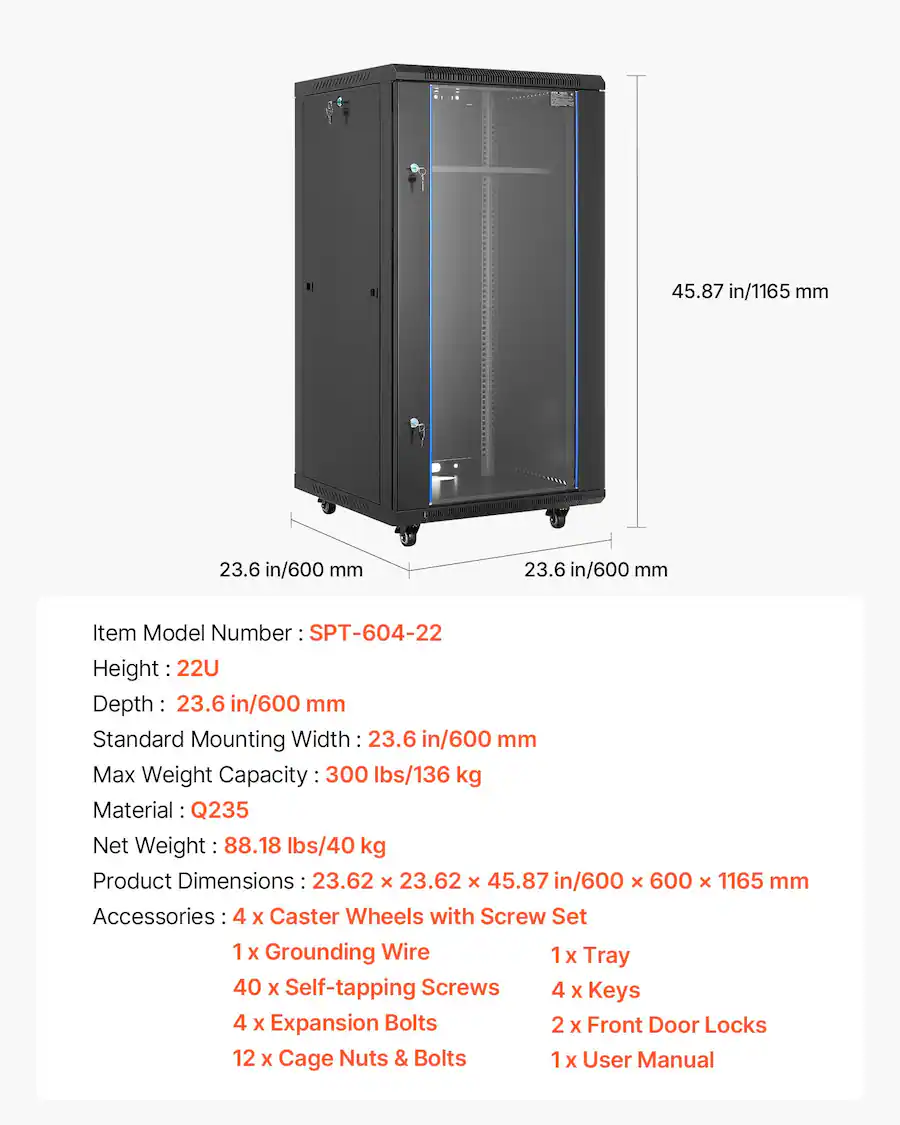 Spt Racks VEVOR 22U Network Cabinet Wall Mount, 23.6 in Depth, 300 lbs Max Load ...