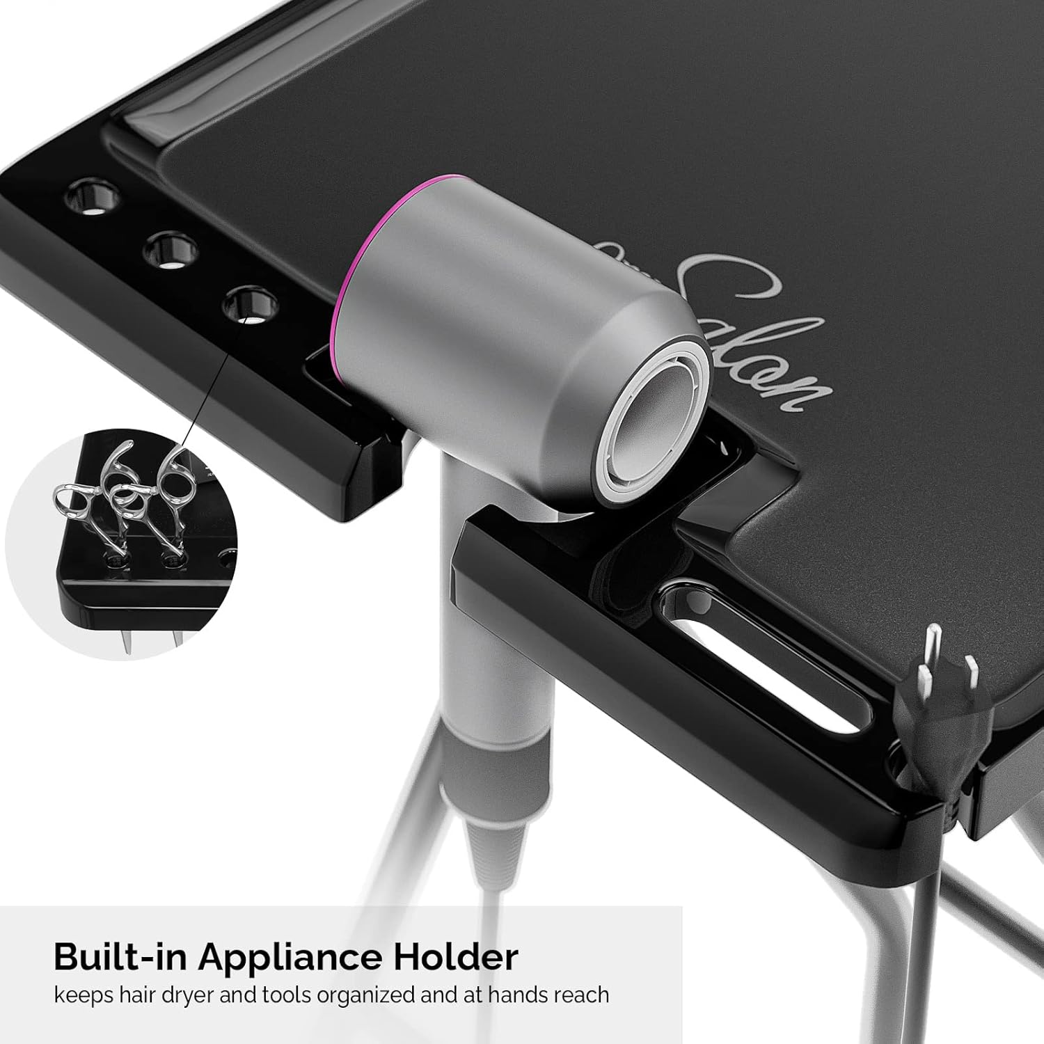 Built-in Appliance Holder keeps hair dryer and tools organized and at hands reach