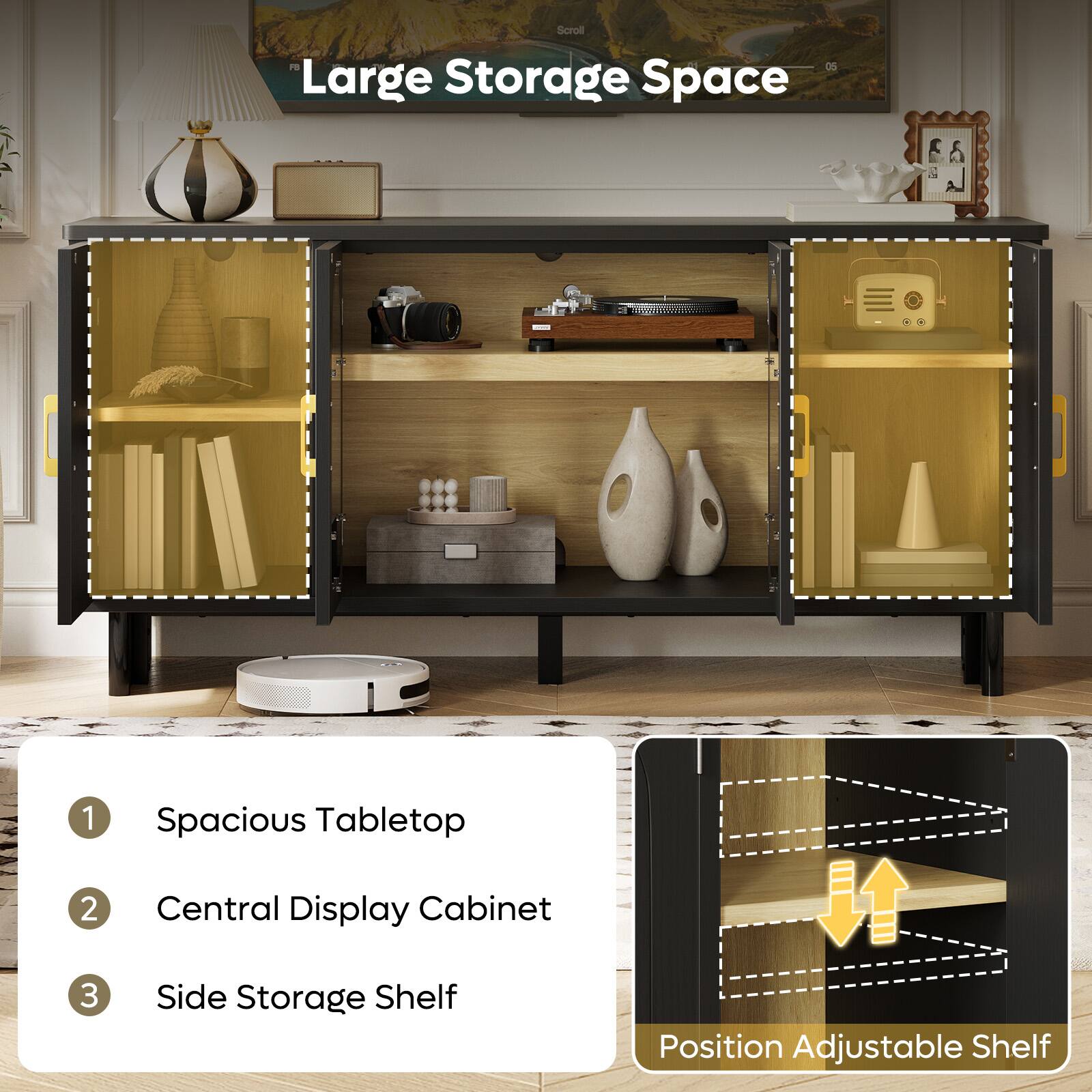 Large Storage Space

1. Spacious Tabletop
2. Central Display Cabinet
3. Side Storage Shelf

Position Adjustable Shelf