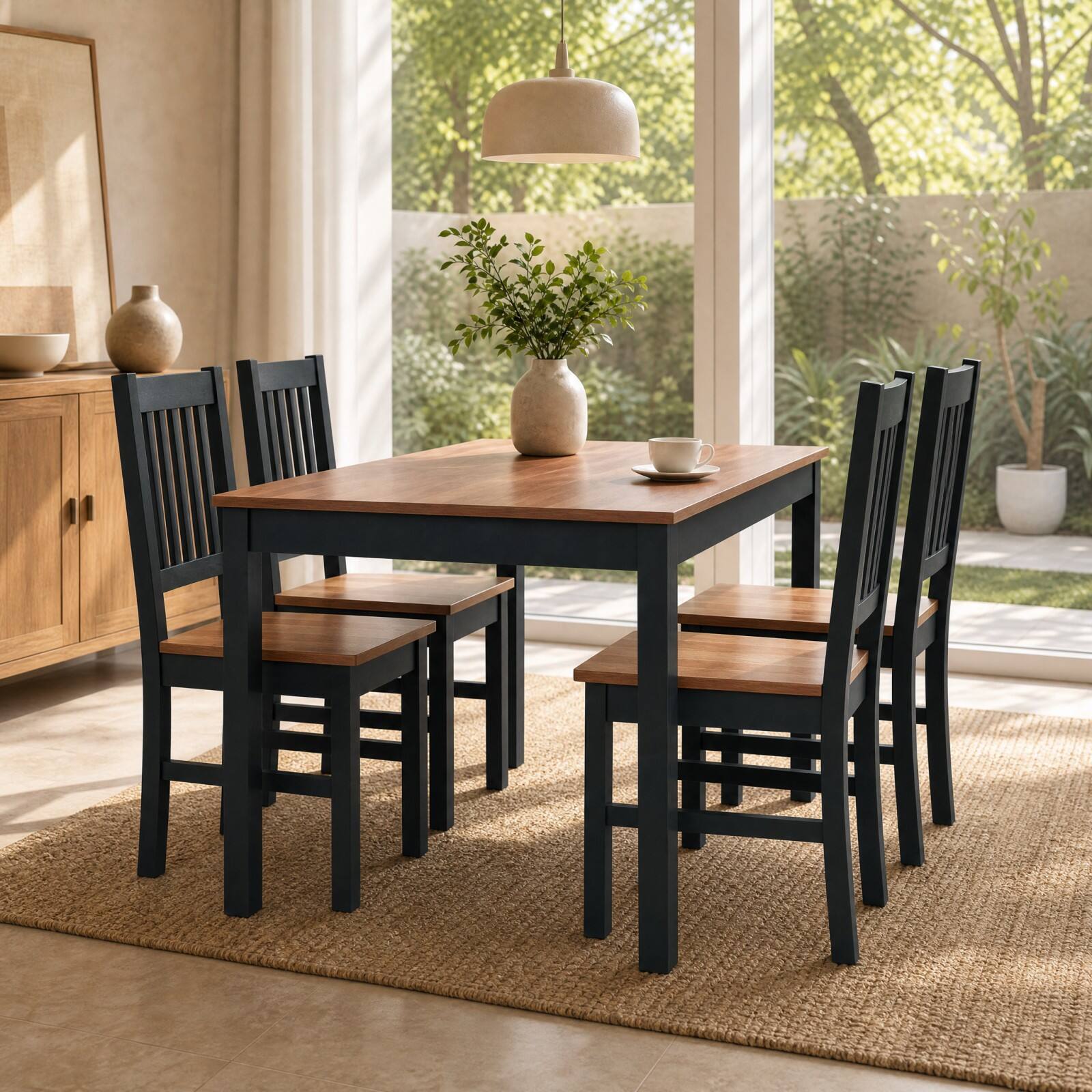 Alt View 1. Costway - Costway Set of 4 Dining Chair Kitchen Spindle Back Side Chair with Solid Wooden Legs - Black Base and Walnut Seat.