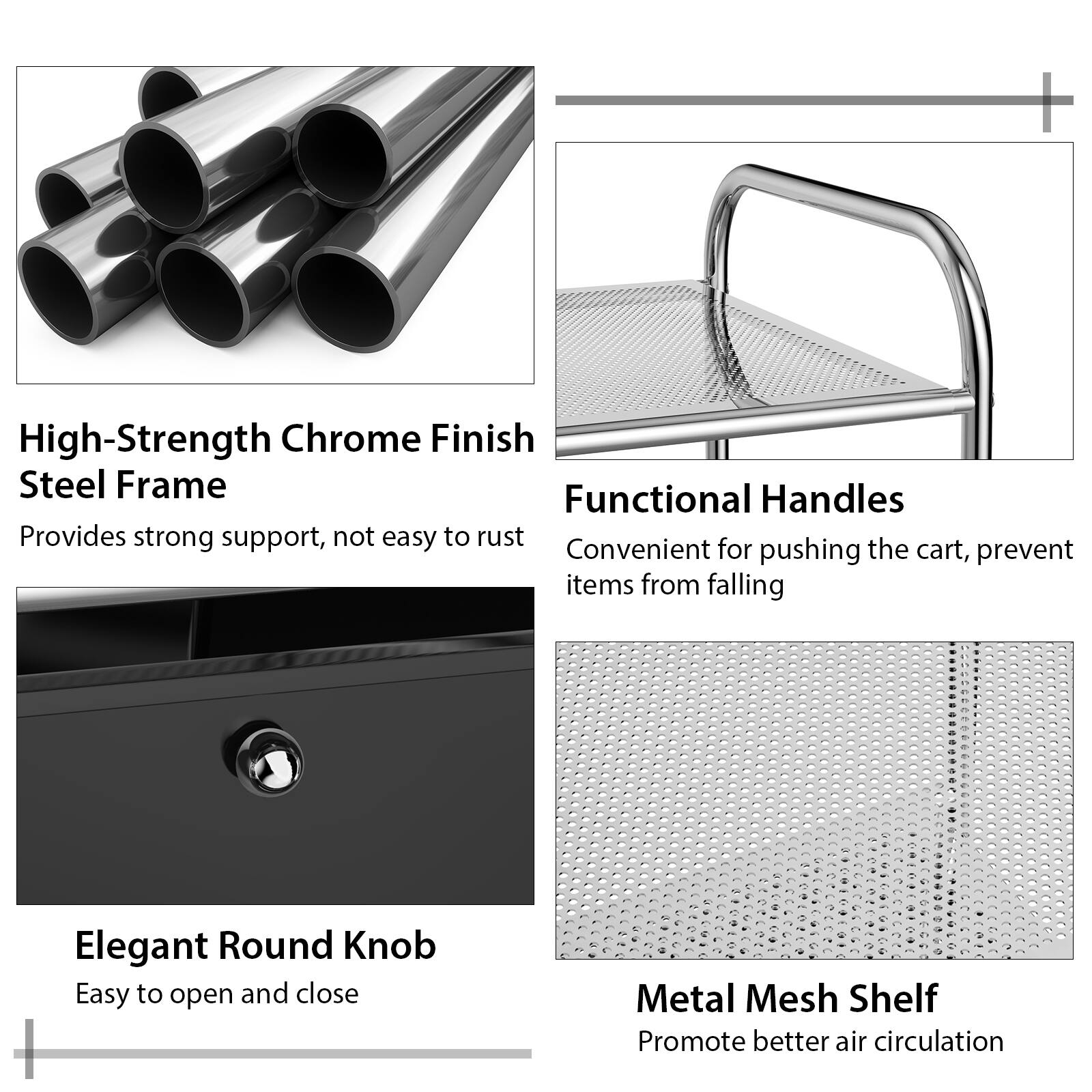 The text on the image is grouped and corrected as follows:

1. High-Strength Chrome Finish Steel Frame: Provides strong support, not easy to rust.
2. Functional Handles: Convenient for pushing the cart, prevent items from falling.
3. Elegant Round Knob: Easy to open and close.
4. Metal Mesh Shelf: Promote better air circulation.
