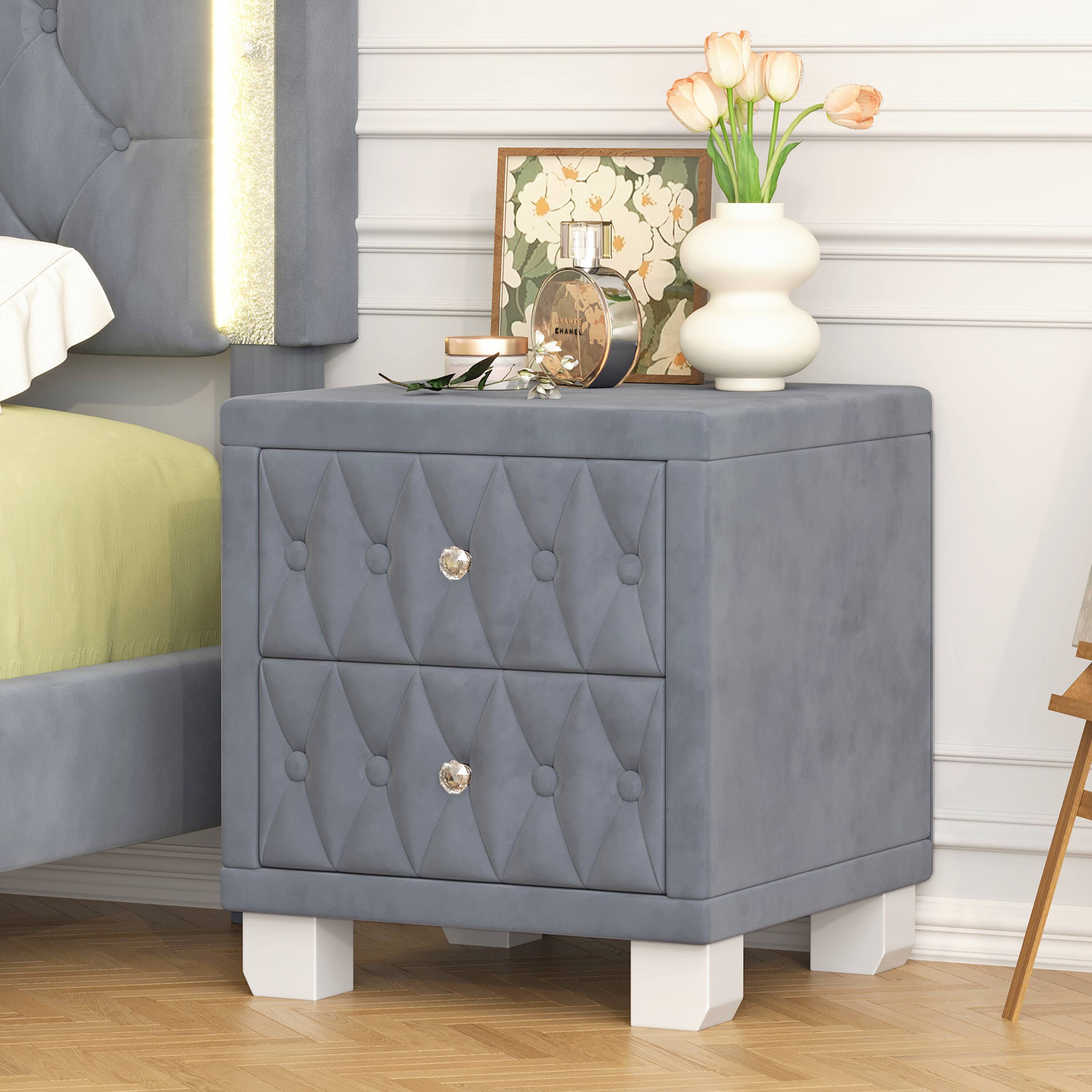 Front. Tiramisubest - Elegant Velvet Nightstand with 2 Drawers and Crystal Handle, Storage Bedside Table with Button-Tufted, Grey - Grey.