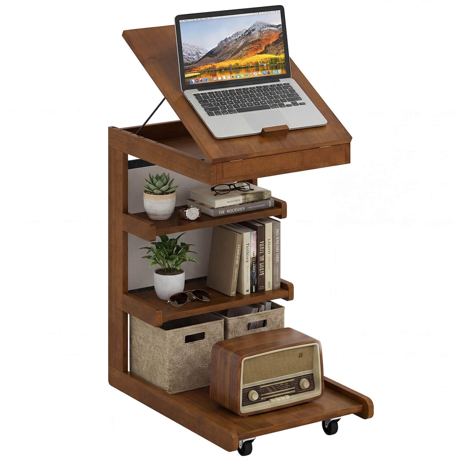 Costway - 1 PCS C-shaped End Table with Wheels, Adjustable Desktop, Edge Stopper, Storage Pocket - Brown