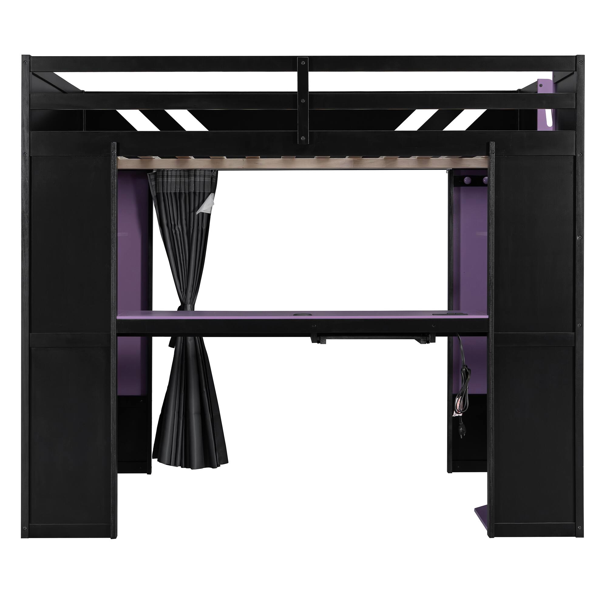 Alt View 2. Anysun - Full Size Wood Loft Bed with,Shelves,Blackout Curtains,and RGB Lights - Purple.