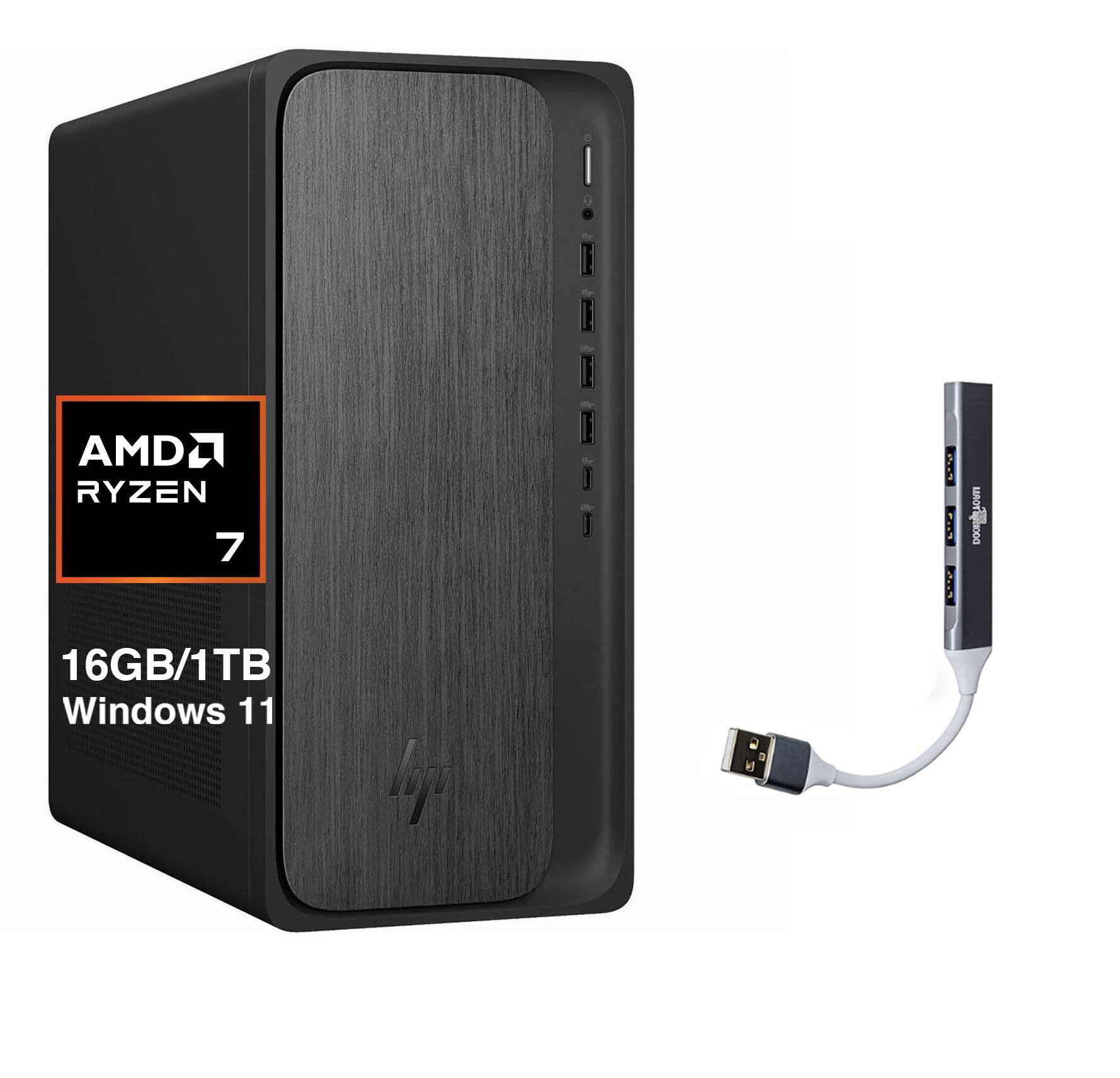 HP - OmniDesk Desktop (AMD Ryzen 7 8700G, 16GB DDR5, 1TB SSD, AMD Radeon 780M, Win 11 Home) w/USB Hub - Gray Wood