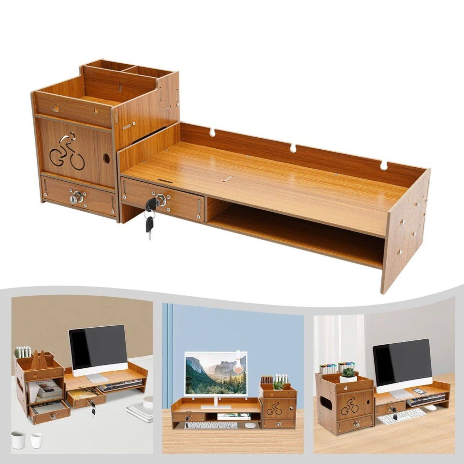 Left. Stock Preferred - Minimalism Classy Wood Monitor Stand Riser with Side Organizer for Desk - Wood Color.