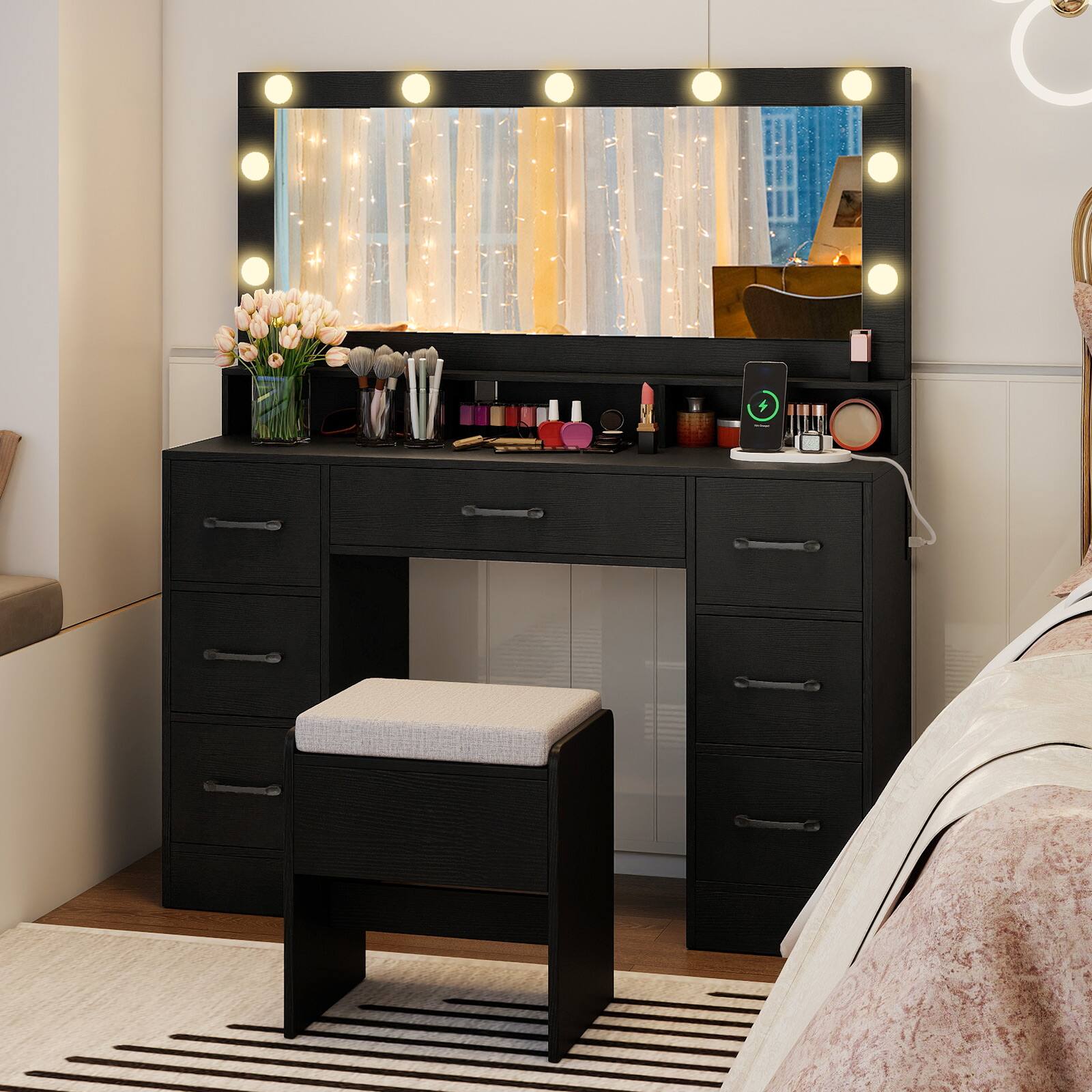 Alt View 4. Gymax - Gymax Vanity Desk w/Mirror & Lights Power Outlets 3 Color Lighting Modes 7 Drawers - Black.
