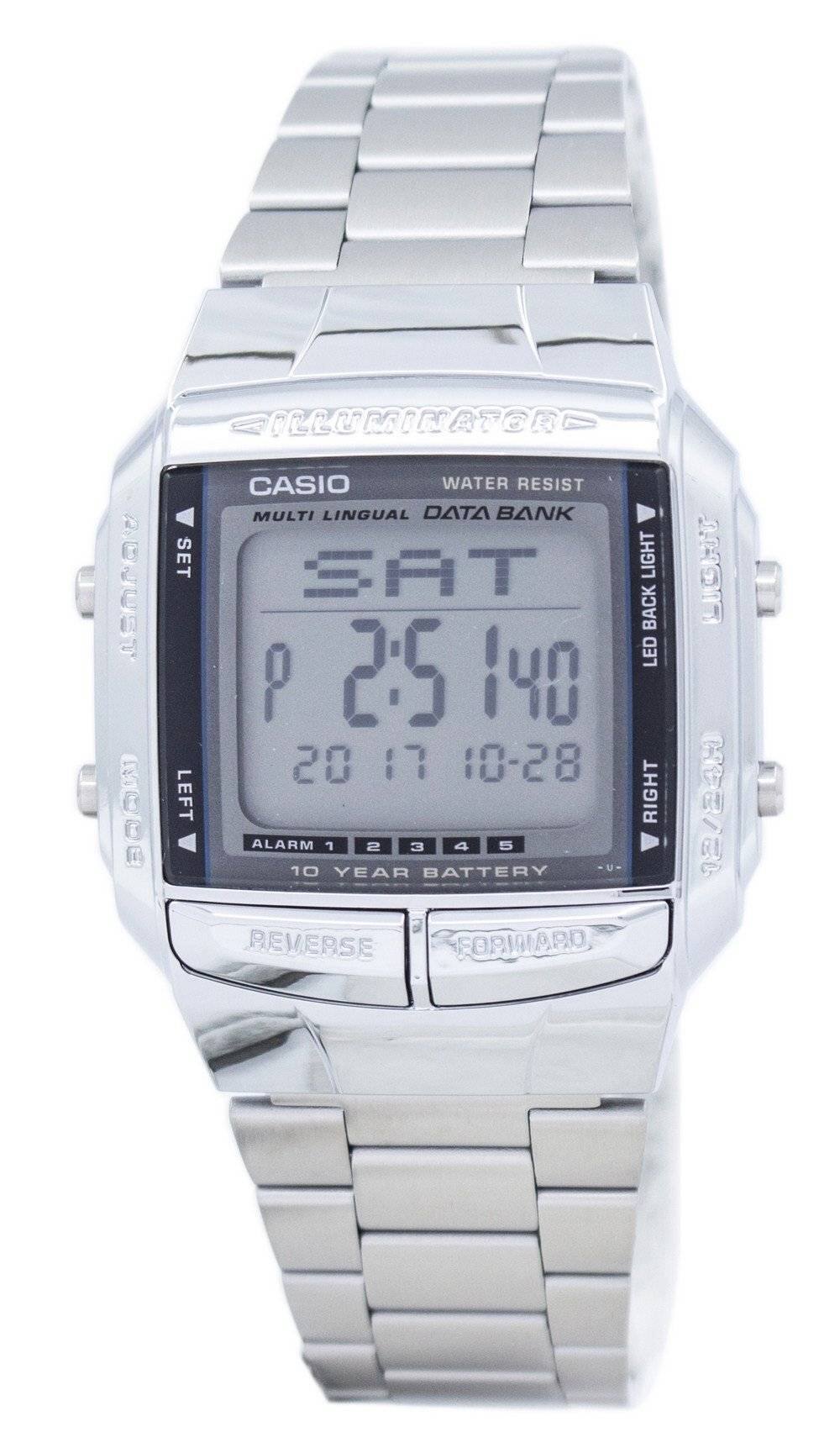 Sure, here is the corrected and grouped text from the image:
- **CASIO**
- **ILLUMINATOR**
- **WATER RESIST**
- **MULTI LINGUAL**
- **DATA BANK**
- **LED BACK LIGHT**
- **SAT**
- **P 2:51 40**
- **20 17 10-28**
- **ALARM 1 2 3 4 5**
- **10 YEAR BATTERY**
- **REVERSE**
- **FORWARD**
- **LEFT**
- **RIGHT**
- **LIGHT**
- **SET**