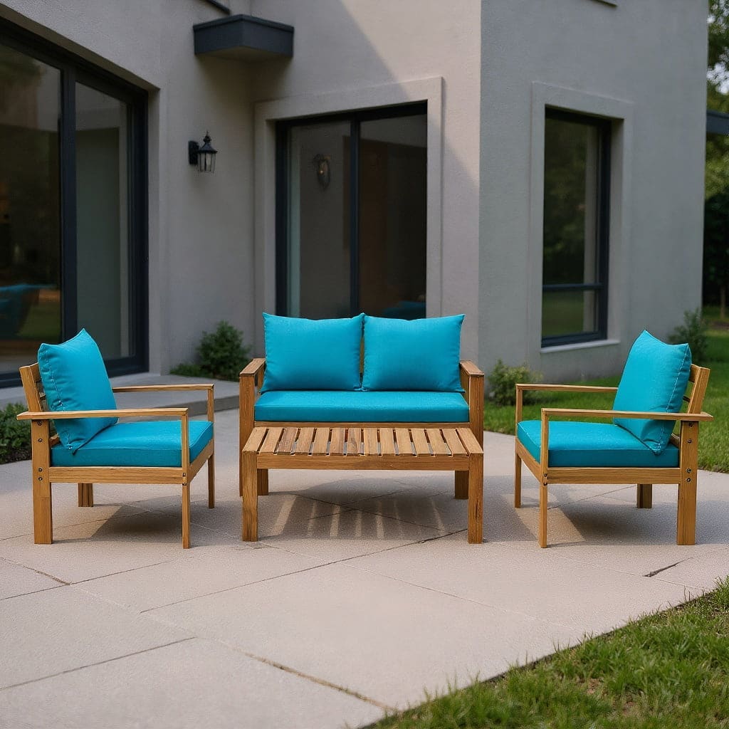 Kadyn - 4 Pieces Patio Solid Wood Furniture Set with Includes Coffee Table and Ottoman, Outdoor Patio Furniture Set - Blue