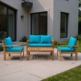 Kadyn - 4 Pieces Patio Solid Wood Furniture Set with Includes Coffee Table and Ottoman, Outdoor Patio Furniture Set - Blue