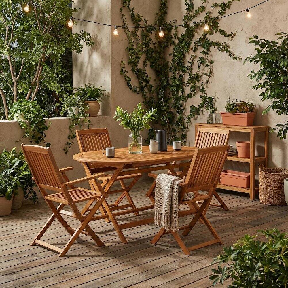 Alt View 3. Outdoor Escape - Oil-Finish Wooden Patio Set with Dining Table and 4 Outdoor Chairs - Brown.